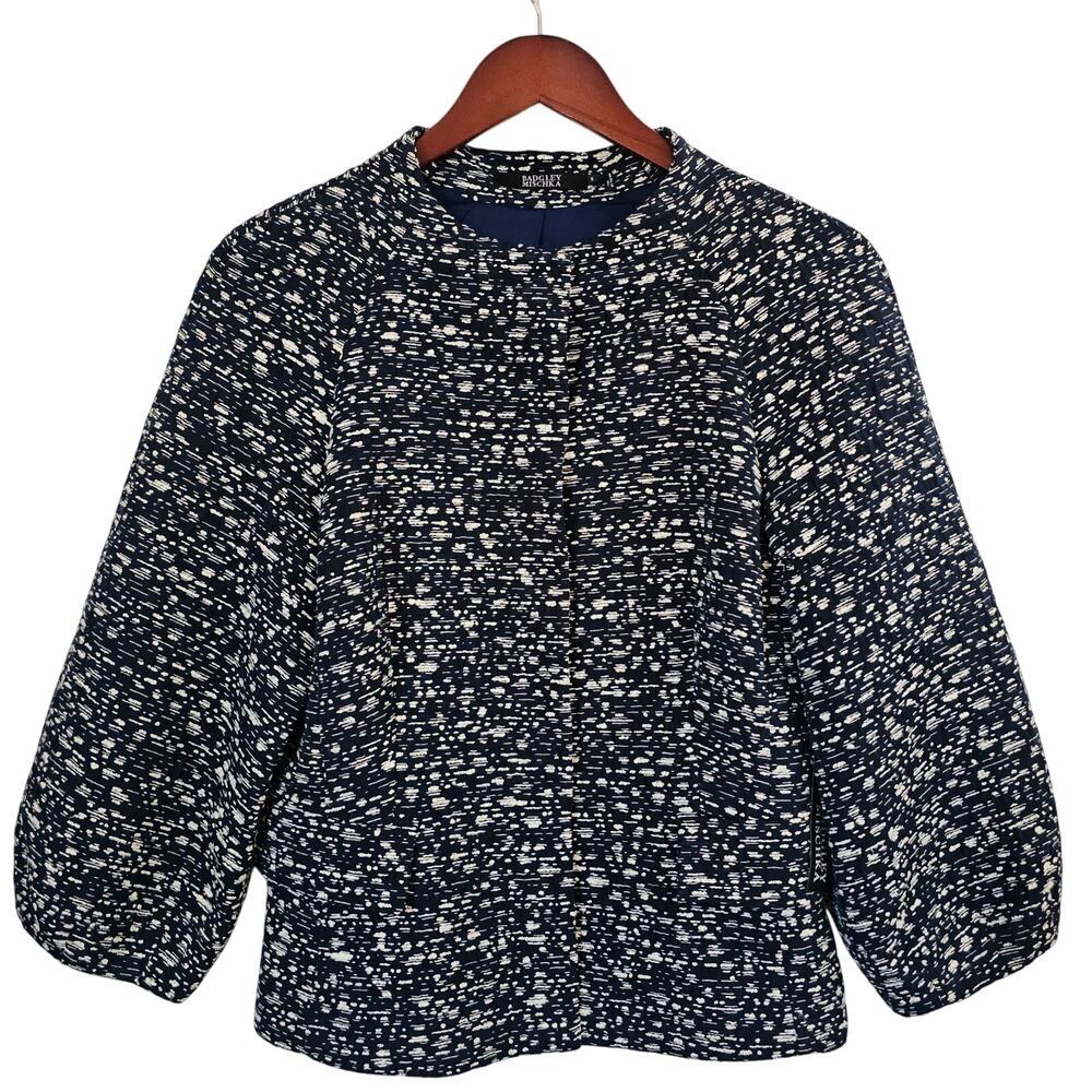 New Badgley Mischka Boucle Tweed Textured‎ Blue White Blazer 8 Luxury Designer